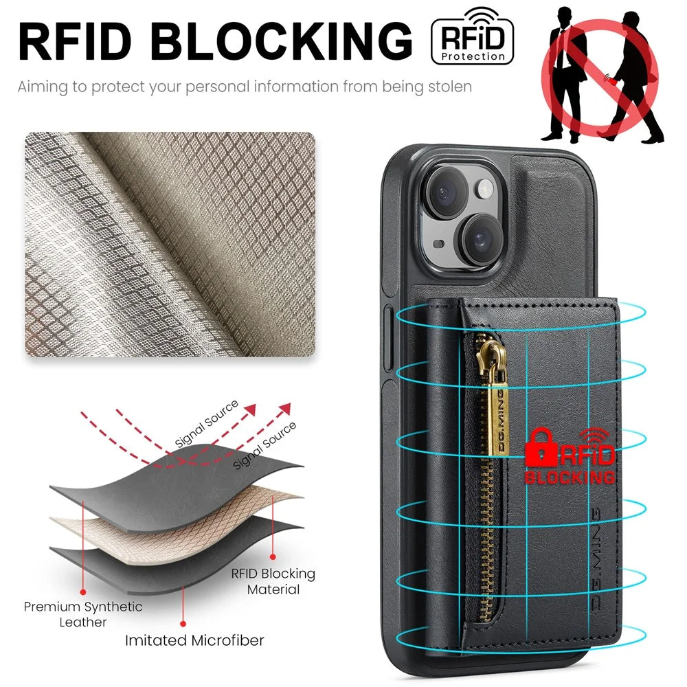 DG.MING M5 Series For iPhone 14 Magnetic Case RFID Blocking Detachable Leather+TPU+PC Wallet Cover - Black - 7