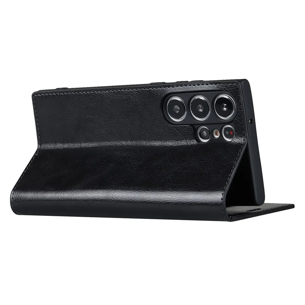 For Samsung Galaxy S23 Ultra Case Crazy Horse Texture Split Leather Wallet Cover - Black - 3