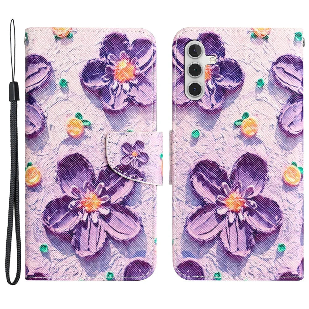 For Samsung Galaxy A05s 4G Phone Case Pattern Folding Stand PU Leather Cover - Purple Flower - 1