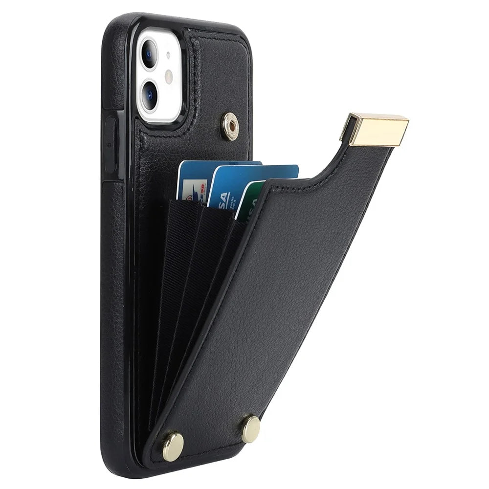 For iPhone 11 Cover TPU+PU Leather Metal Decor Shockproof Cell Phone Case with Card Holder - Black - 1