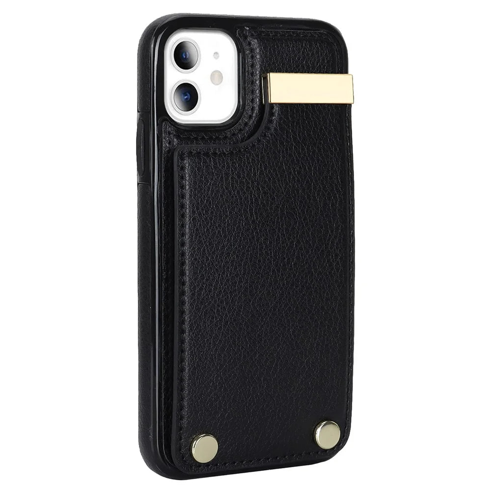 For iPhone 11 Cover TPU+PU Leather Metal Decor Shockproof Cell Phone Case with Card Holder - Black - 3