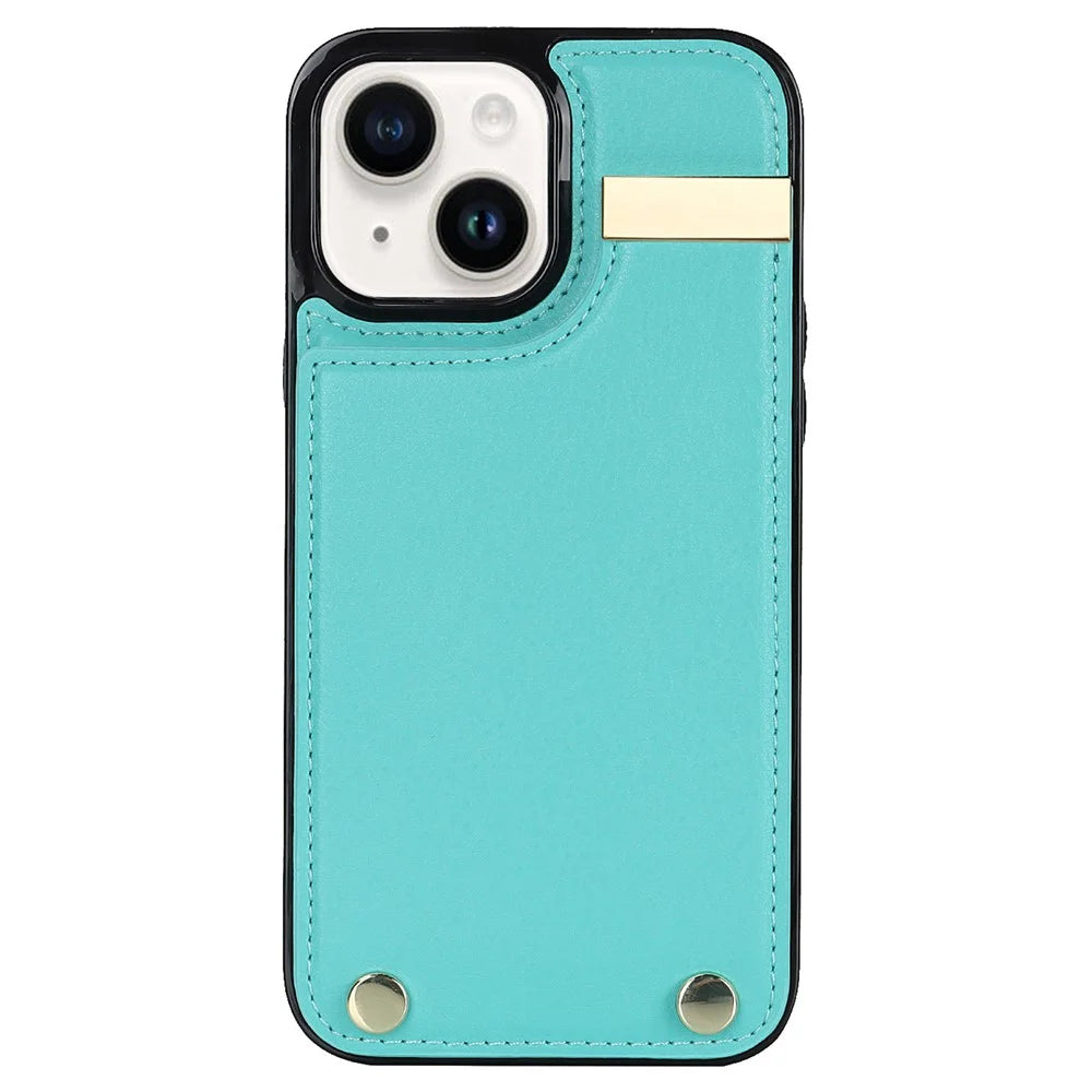 Phone Cover for iPhone 14 Slim-Fit Case TPU+PU Leather+Metal Shell with Card Holder - Mint Green - 2