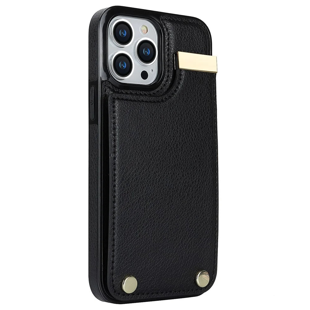 For iPhone 15 Pro Cell Phone Case TPU+PU Leather+Metal Phone Cover with Card Holder - Black - 3