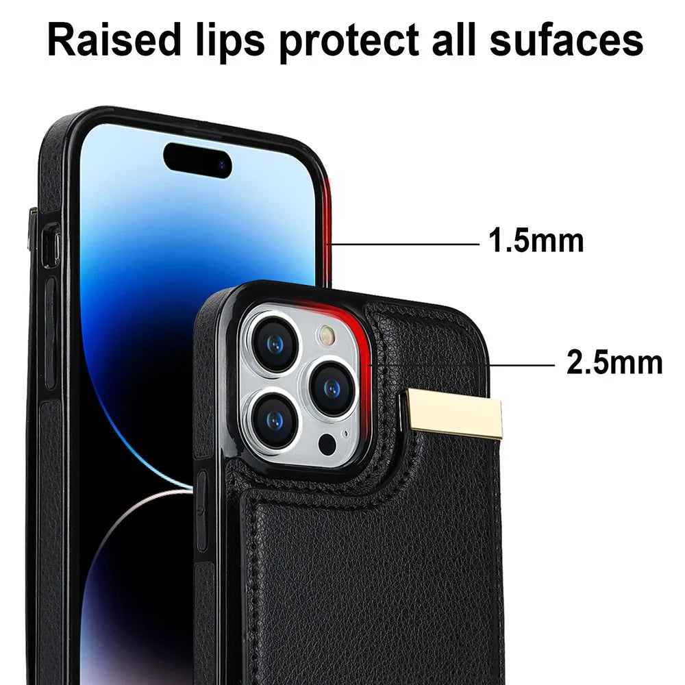 For iPhone 15 Pro Cell Phone Case TPU+PU Leather+Metal Phone Cover with Card Holder - Black - 6