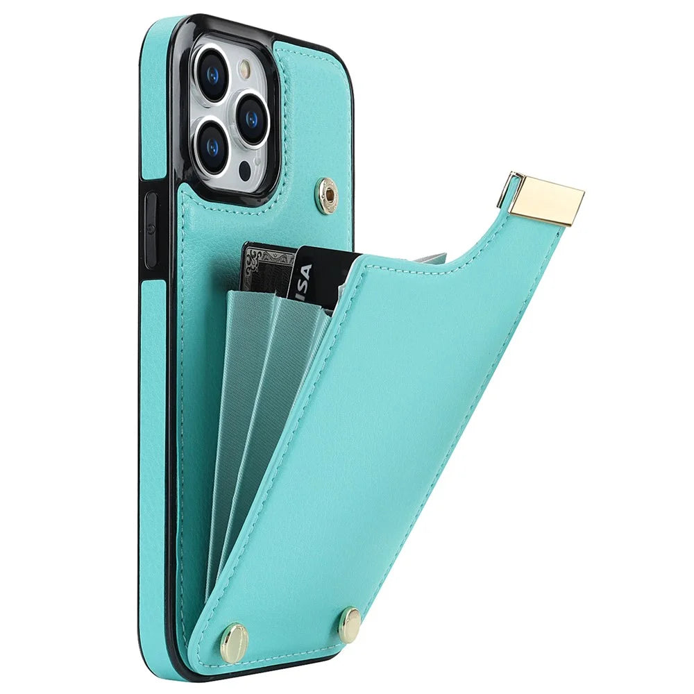 Phone Case for iPhone 13 Pro TPU+PU Leather+Metal Hardware Phone Cover with Card Holder - Mint Green - 1