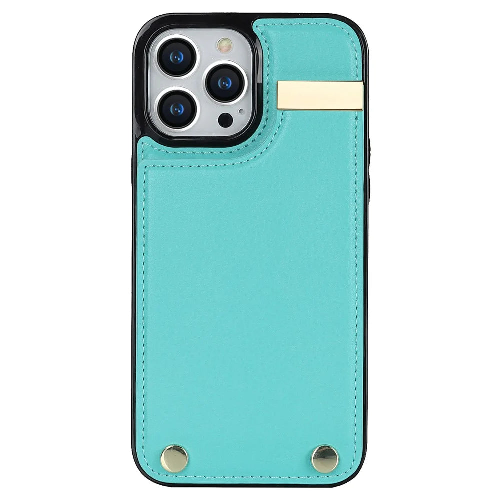 Phone Case for iPhone 13 Pro TPU+PU Leather+Metal Hardware Phone Cover with Card Holder - Mint Green - 2