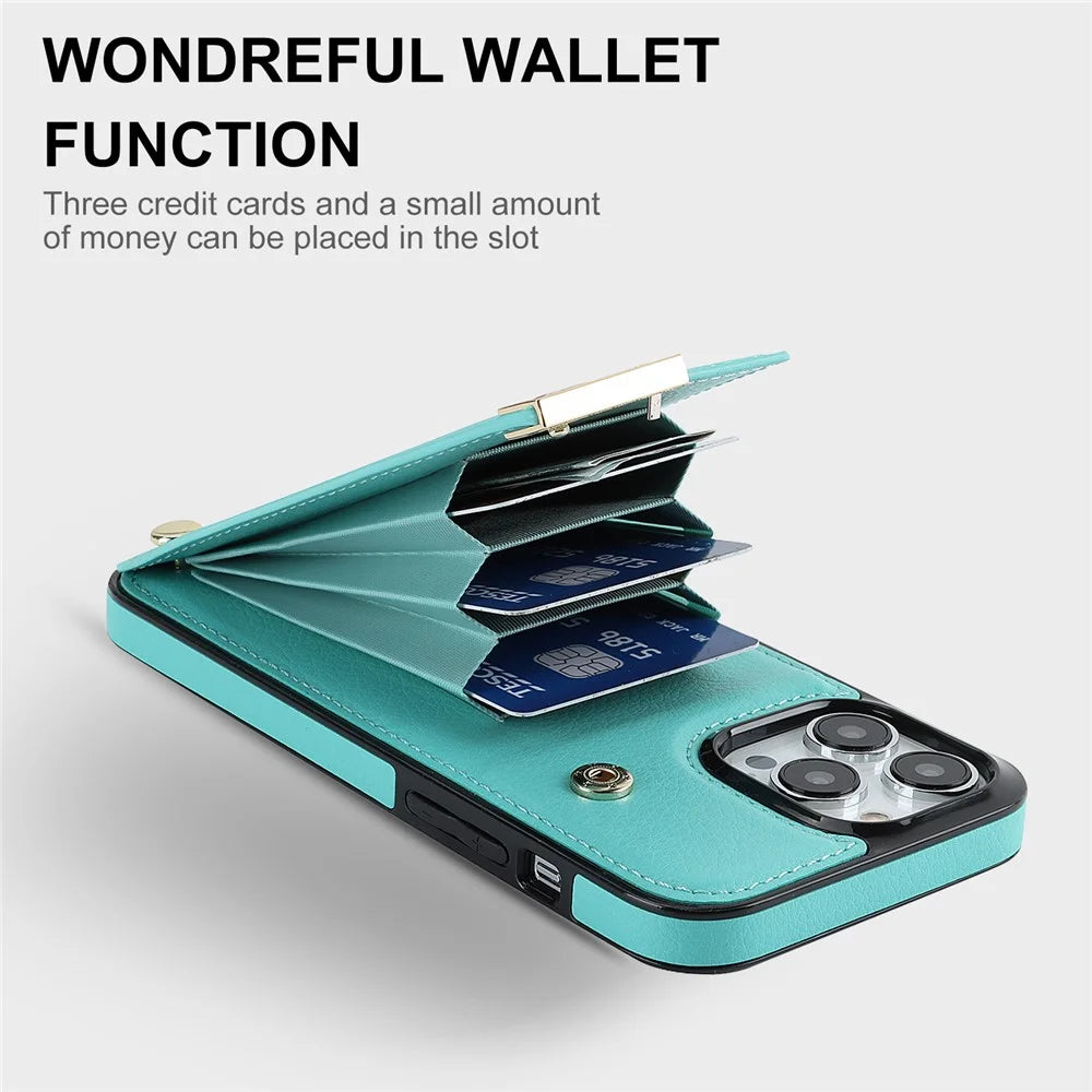 Phone Case for iPhone 13 Pro TPU+PU Leather+Metal Hardware Phone Cover with Card Holder - Mint Green - 4