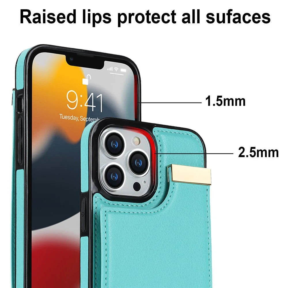 Phone Case for iPhone 13 Pro TPU+PU Leather+Metal Hardware Phone Cover with Card Holder - Mint Green - 6