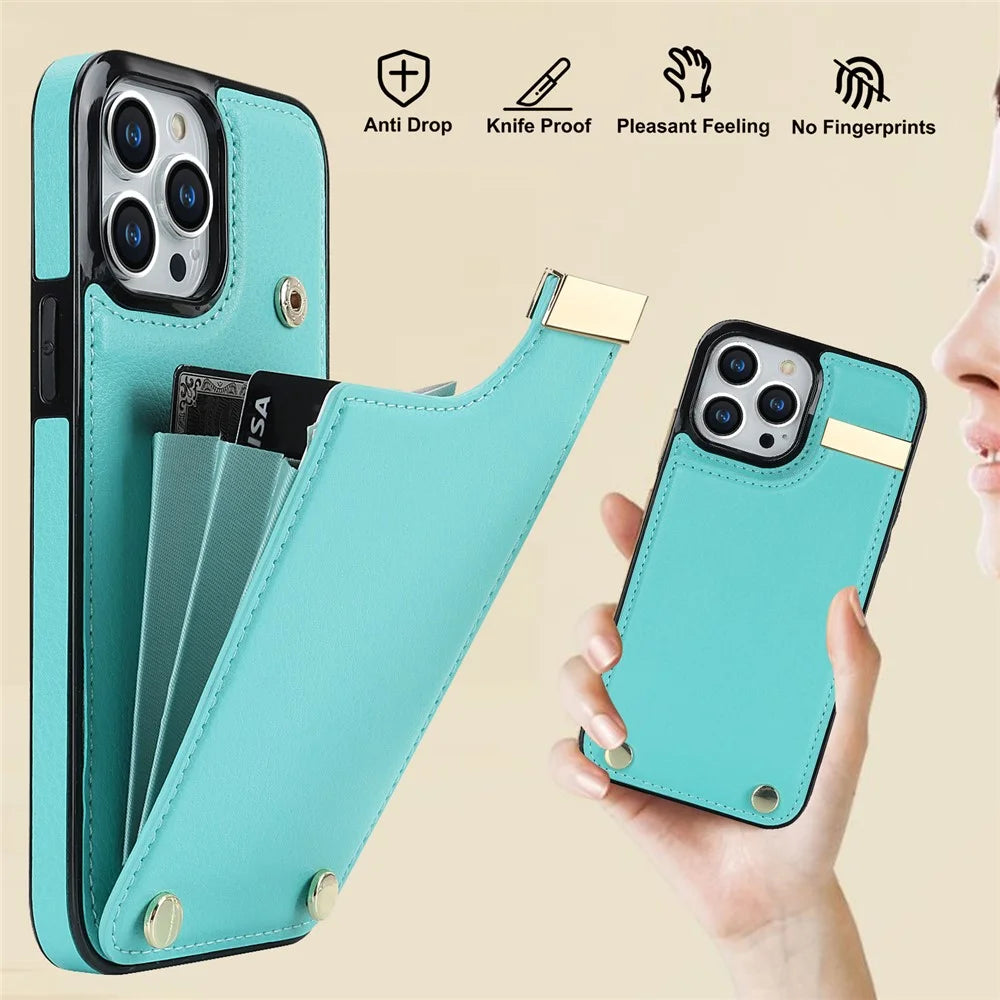 Phone Case for iPhone 13 Pro TPU+PU Leather+Metal Hardware Phone Cover with Card Holder - Mint Green - 7