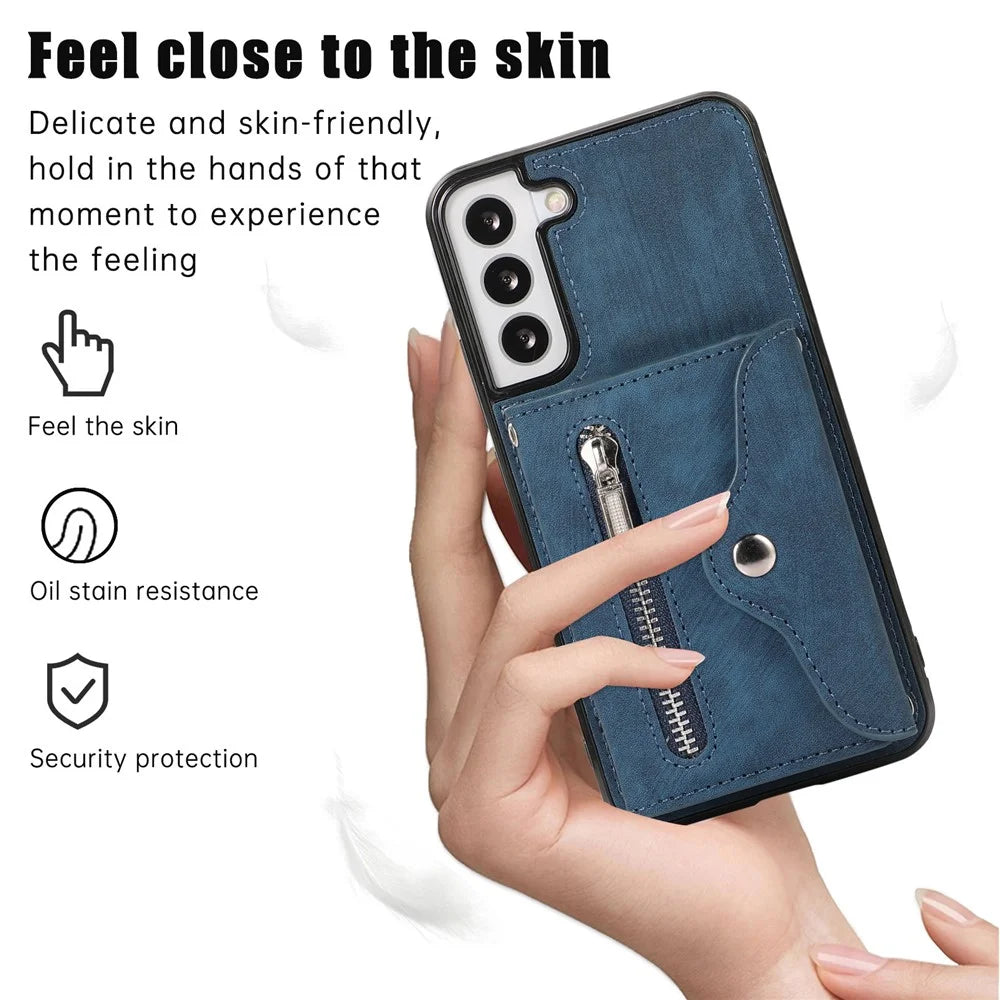 For Samsung Galaxy S21 5G Shockproof Case PU+TPU Card Bag Cell Phone Case with 2 Straps - Blue - 4