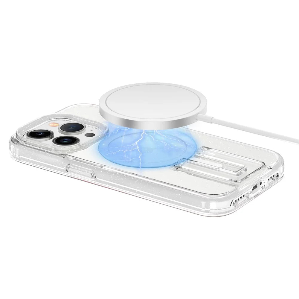For iPhone 15 Pro Magnetic Phone Case TPU+PC Kickstand Shell Compatible with MagSafe - Glitter Transparent+White - 3