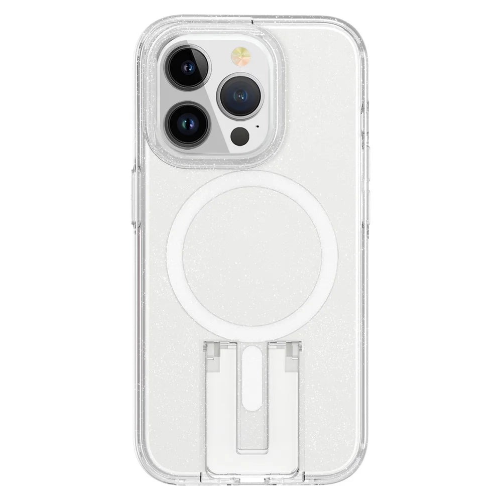 For iPhone 15 Pro Magnetic Phone Case TPU+PC Kickstand Shell Compatible with MagSafe - Glitter Transparent+White - 4