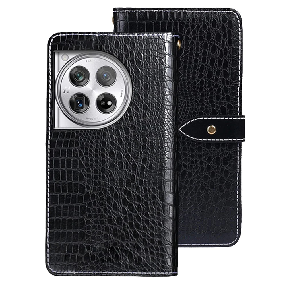IDEWEI For OnePlus 12 5G Leather Phone Case Crocodile Texture Stand Wallet - Black - 1