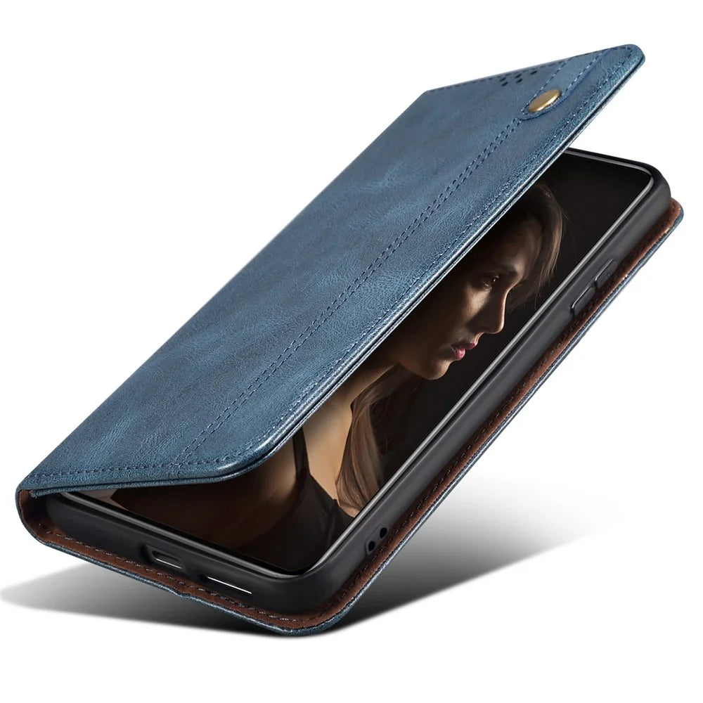 For Samsung Galaxy A55 5G Case Wallet Stand Leather Cover Waxy Crazy Horse Texture - Blue - 5
