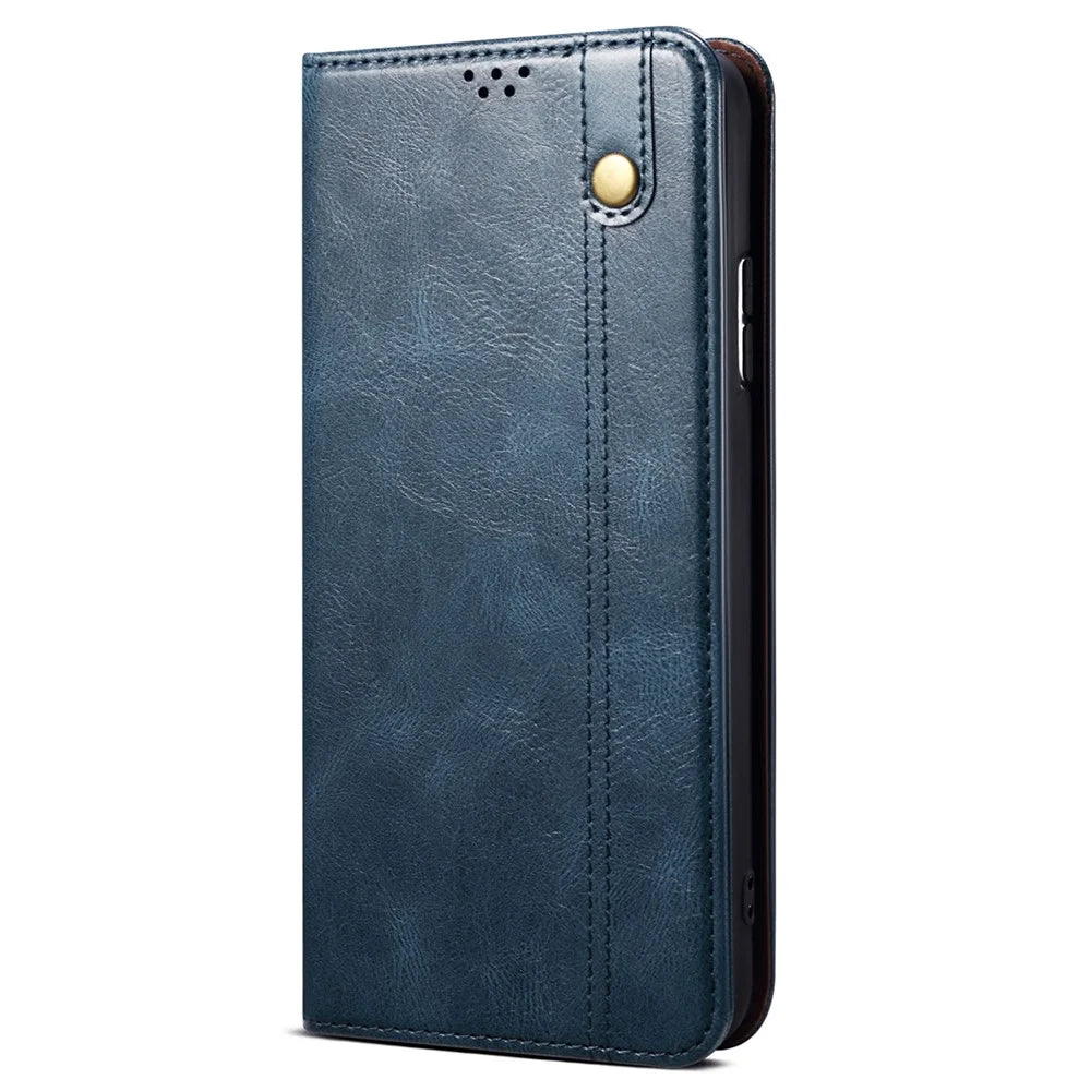 For Samsung Galaxy A55 5G Case Wallet Stand Leather Cover Waxy Crazy Horse Texture - Blue - 6