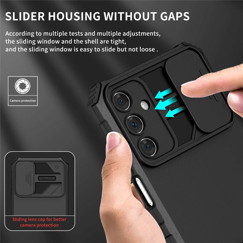 For Samsung Galaxy A15 5G Phone Case Slide Lens Protection Kickstand - Black - 7