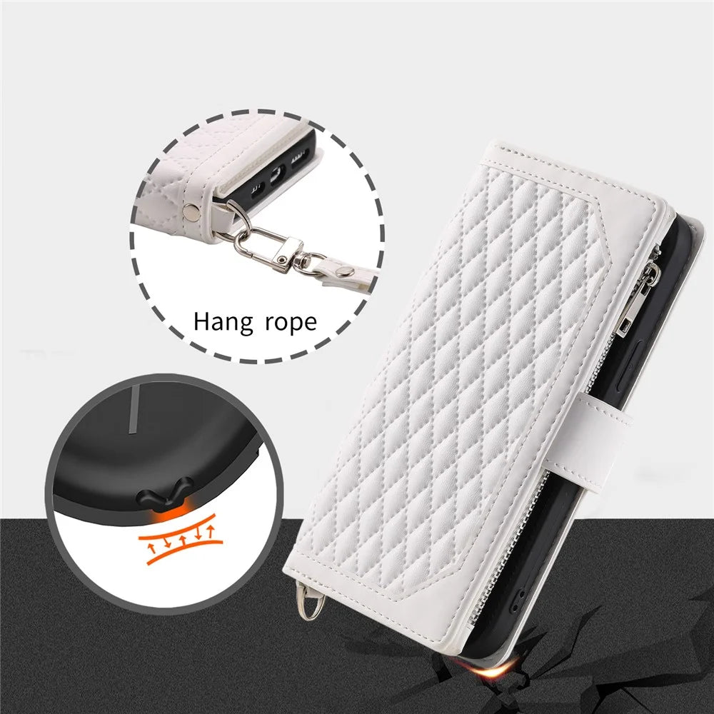 For Samsung Galaxy A55 5G Case Wallet Stand Rhombus Texture Phone Cover with Strap - White - 6