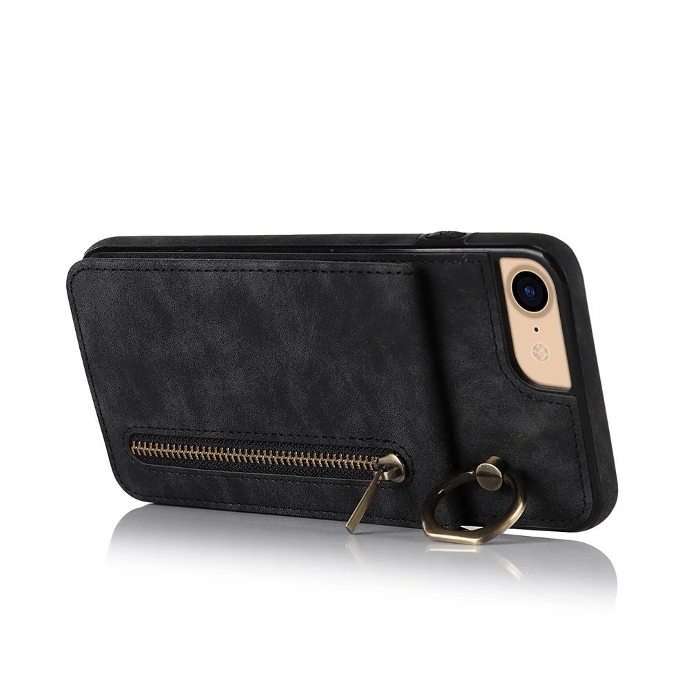 For iPhone SE (2022) / SE (2020) / 7 / 8 Cell Phone Case RFID Blocking Retro PU+TPU Cover - Black - 2