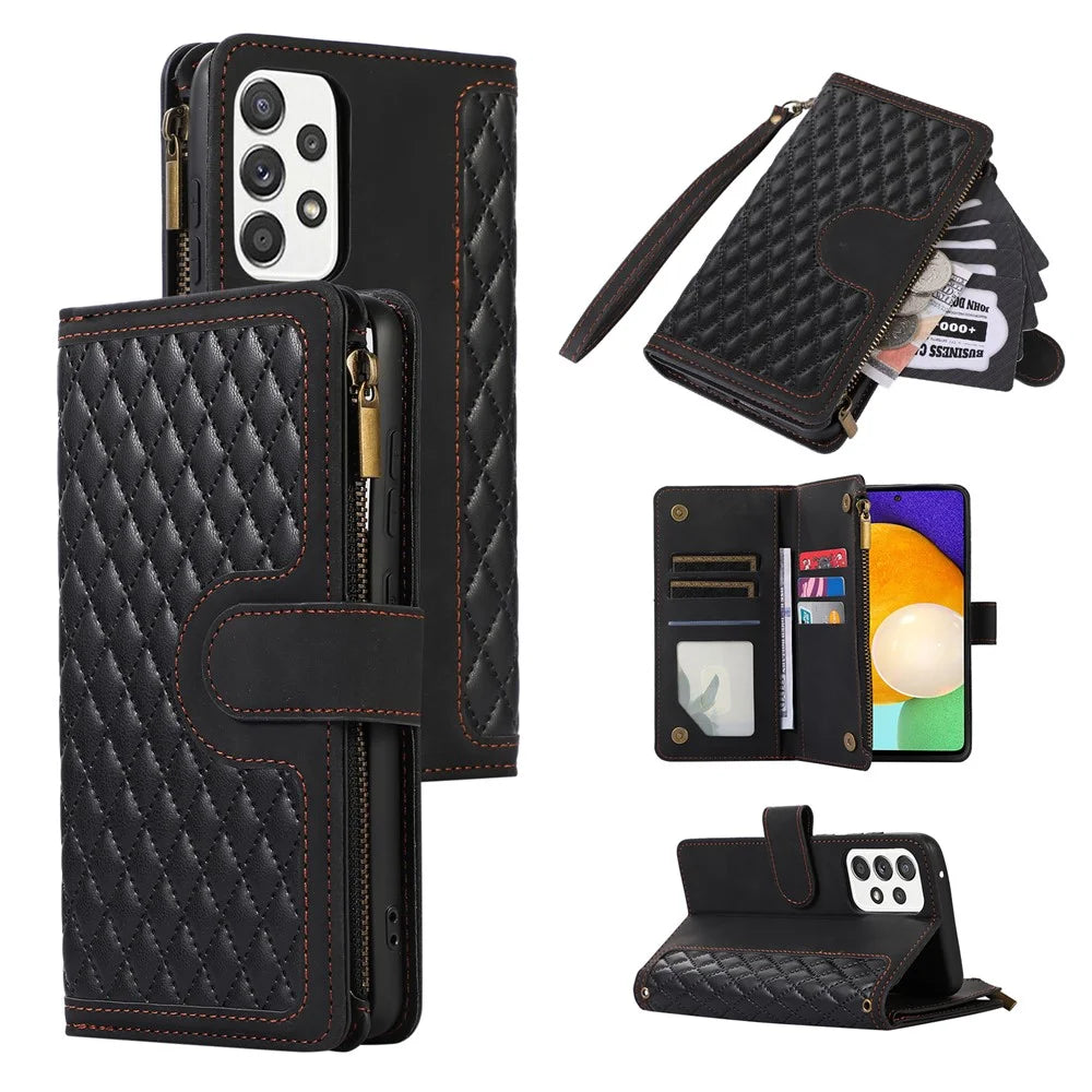For Samsung Galaxy A73 5G Cell Phone Case Anti-drop 9 Card Slots Wallet Cover with Wrist Strap - Black - 1