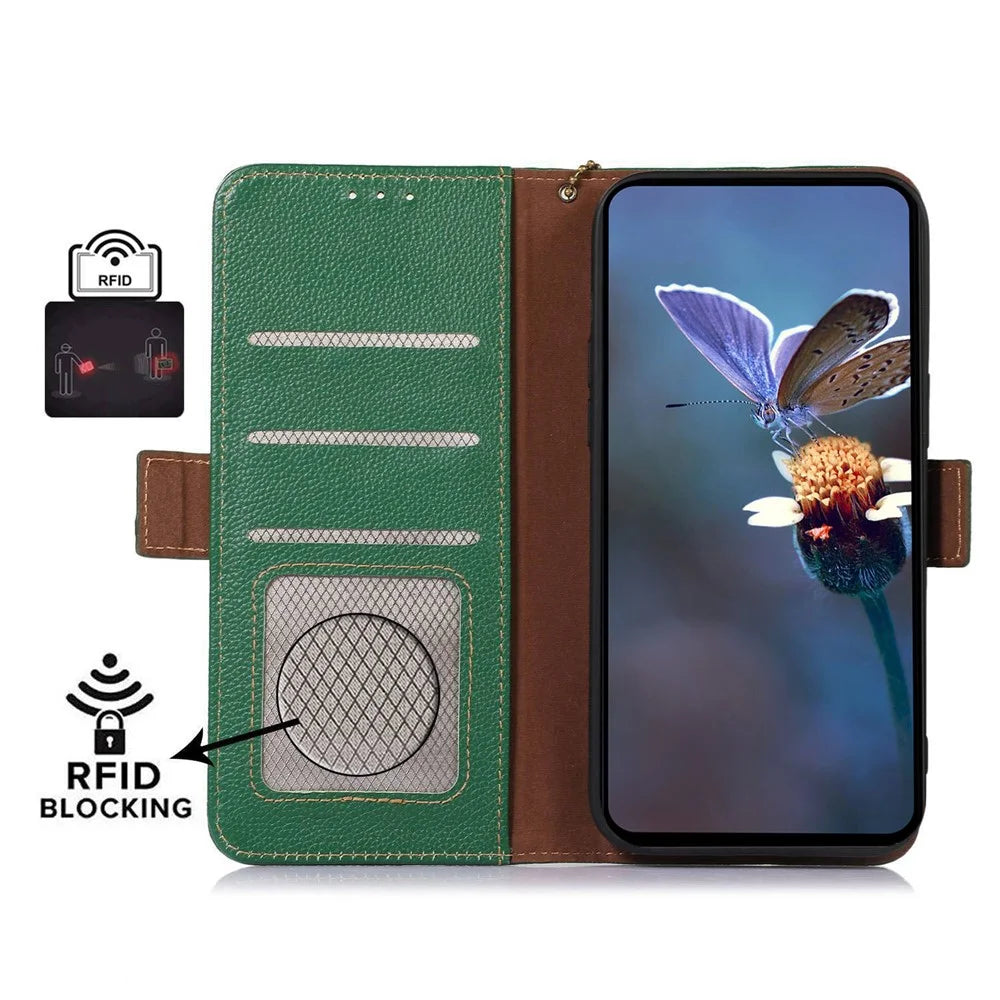 For OnePlus 12 5G Phone Case Genuine Cow Leather RFID Blocking Wallet - Green - 2