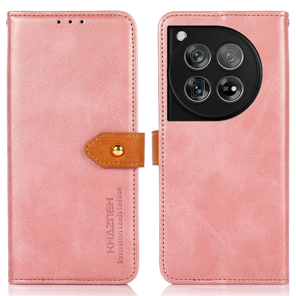 KHAZNEH For OnePlus 12 5G Case PU Leather+TPU Cowhide Texture Phone Guard Cover - Rose Gold - 1