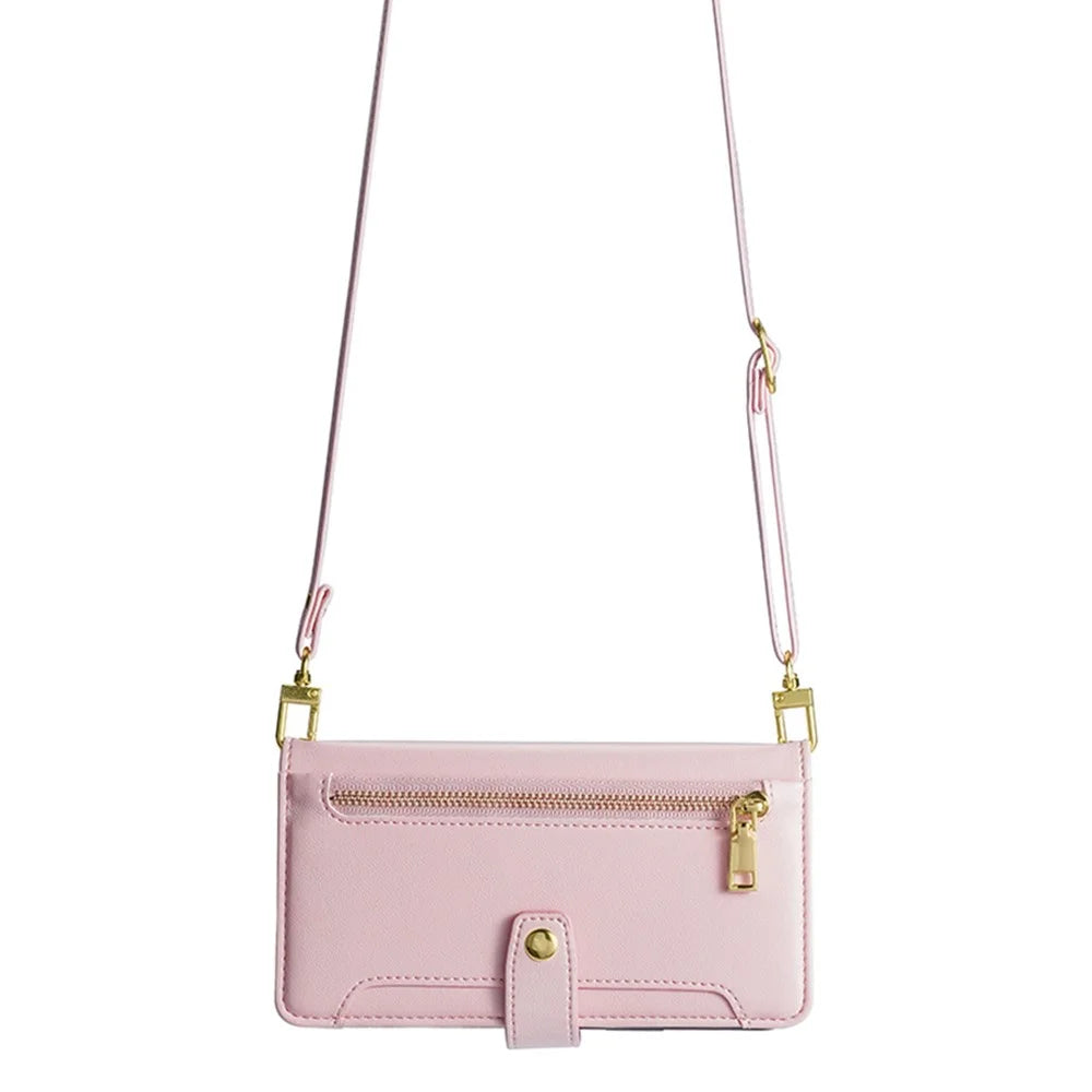 Wallet Case for vivo Y17s 4G Zipper Pocket Purse with Shoulder Wrist Strap PU Leather Phone Cover - Pink - 4