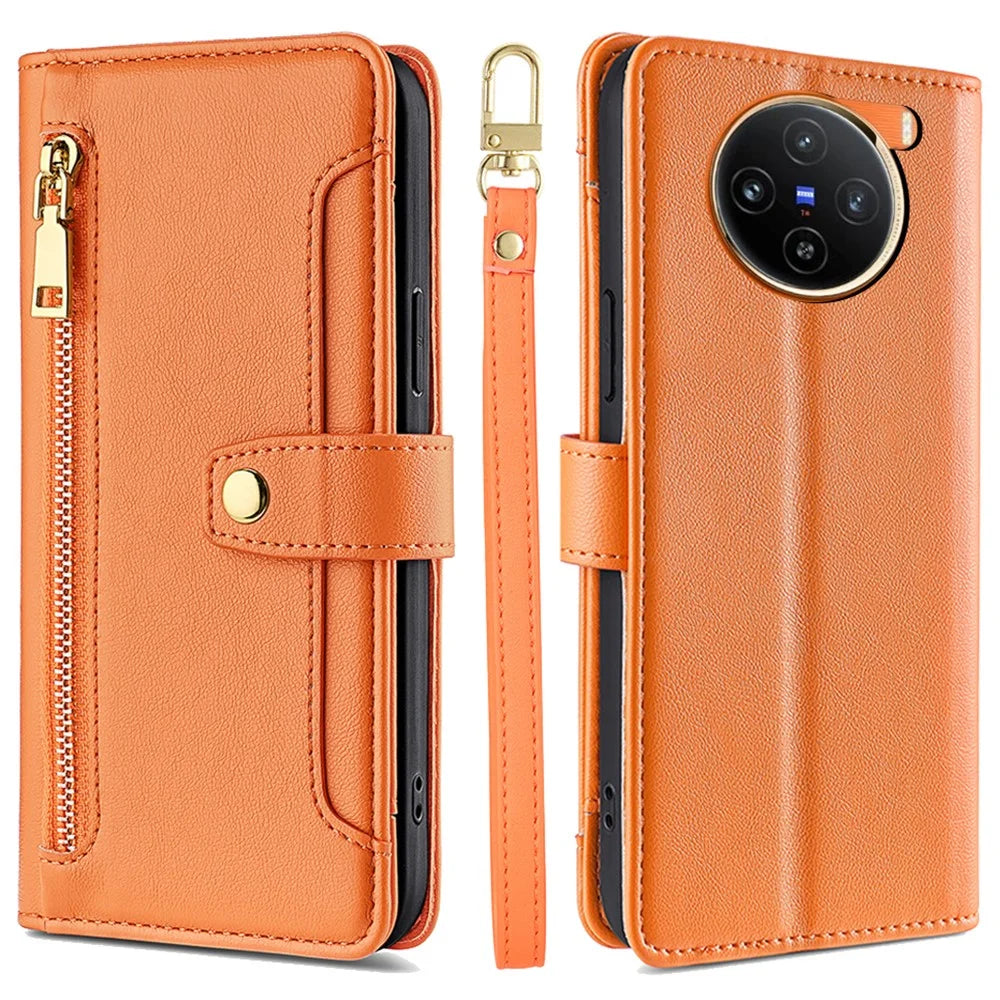 For vivo X100 5G Crossbody Wallet Case Stand Card Holder Phone Cover - Orange - 1