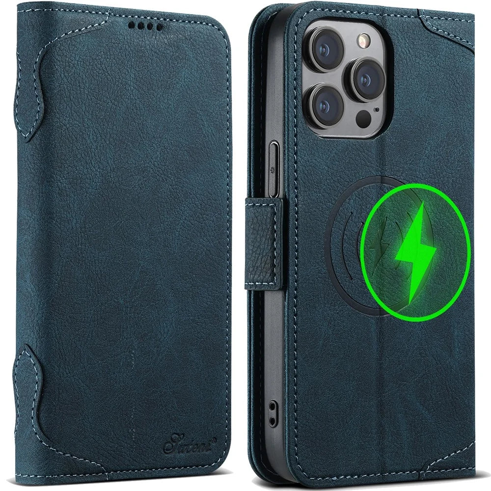 SUTENI J07 For iPhone 12 Pro 6.1 inch / 12 6.1 inch Case Compatible with MagSafe Litchi Texture Leather Phone Shell - Blue - 1
