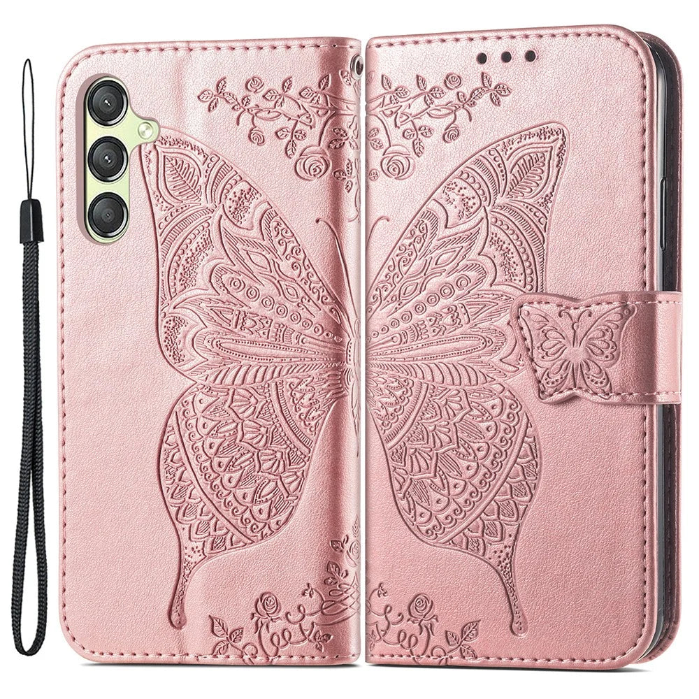 For Samsung Galaxy A25 5G (Global) (161.0 x 76.5 x 8.3mm) PU Leather Wallet Phone Case Flower Butterfly Pattern - Rose Gold - 1