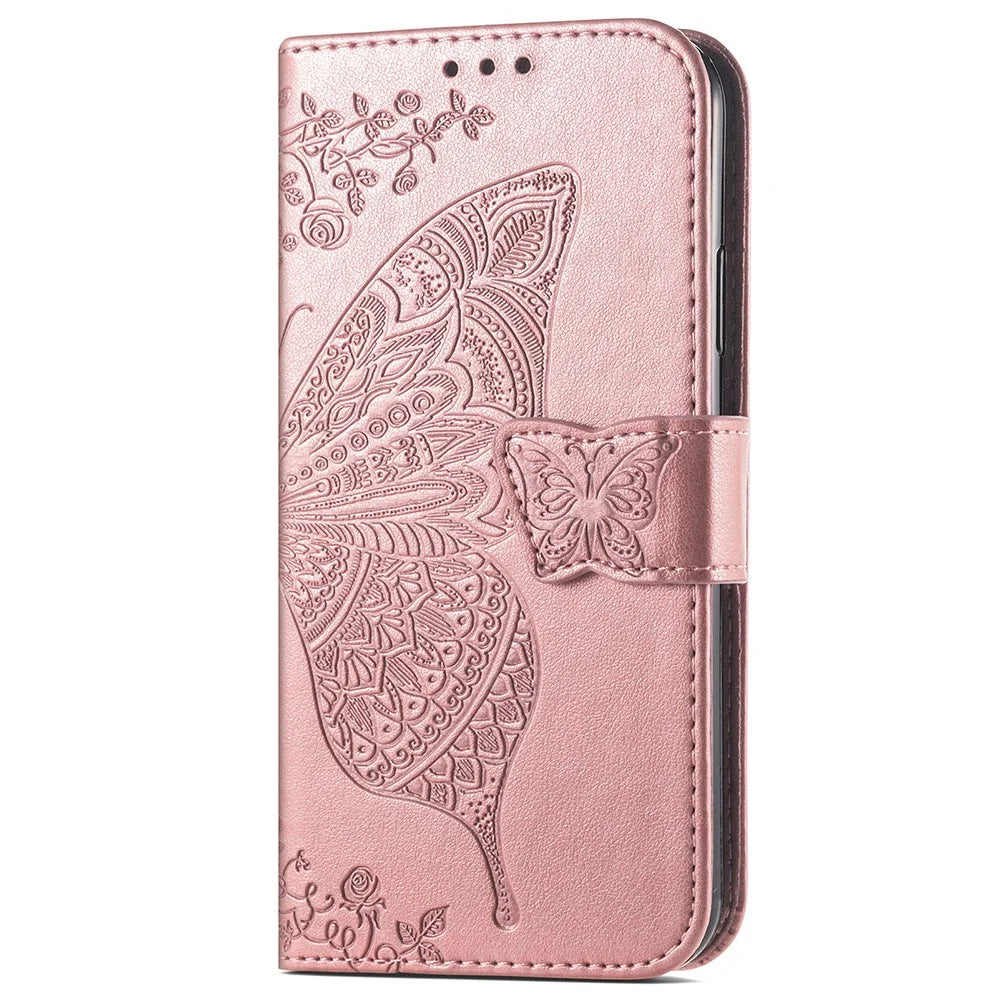 For Samsung Galaxy A25 5G (Global) (161.0 x 76.5 x 8.3mm) PU Leather Wallet Phone Case Flower Butterfly Pattern - Rose Gold - 5