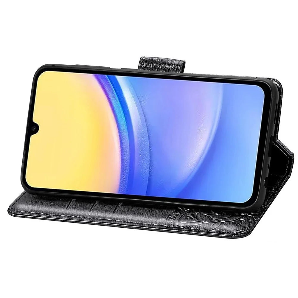 For Samsung Galaxy A15 5G Wallet Case PU Leather Wrist Strap Card Slots Cover - Black - 3