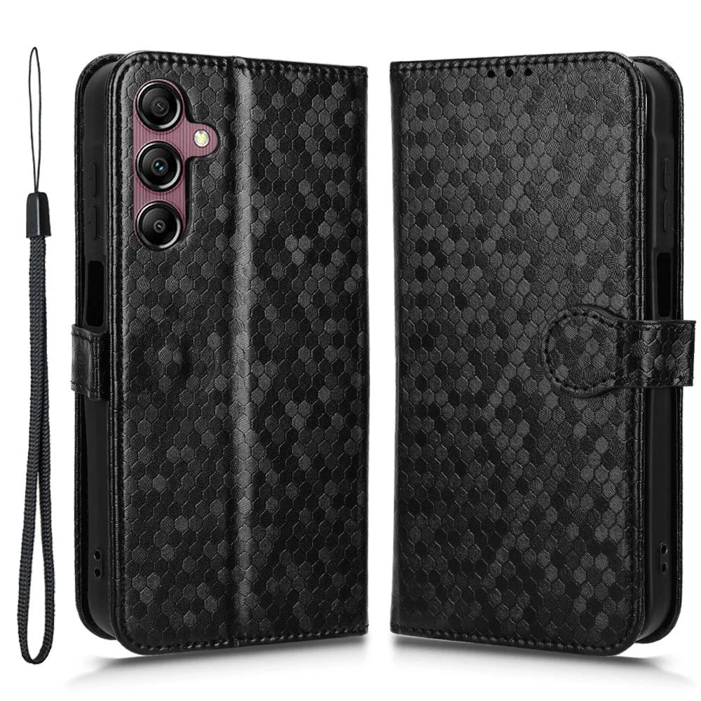For Samsung Galaxy A15 4G / A15 5G Case Dot Imprinted Leather Shockproof Phone Stand Cover - Black - 1