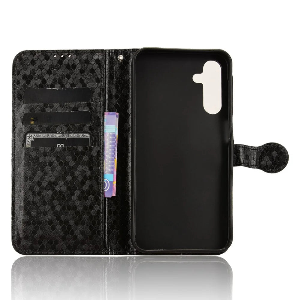 For Samsung Galaxy A15 4G / A15 5G Case Dot Imprinted Leather Shockproof Phone Stand Cover - Black - 4