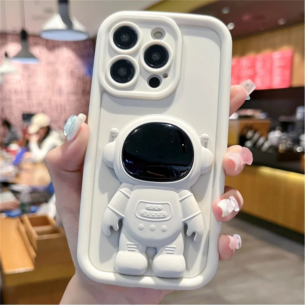 For iPhone 14 Pro Soft Silicone Shockproof Cover with 3D Astronaut Kickstand - White - 2