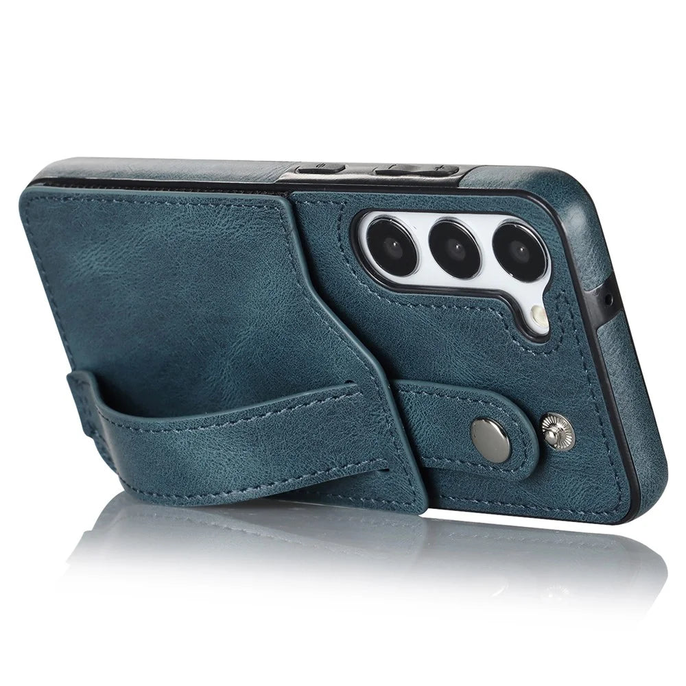 For Samsung Galaxy S24+ Case Retro PU Leather Coated TPU Wristband Kickstand Phone Shell - Blue - 3