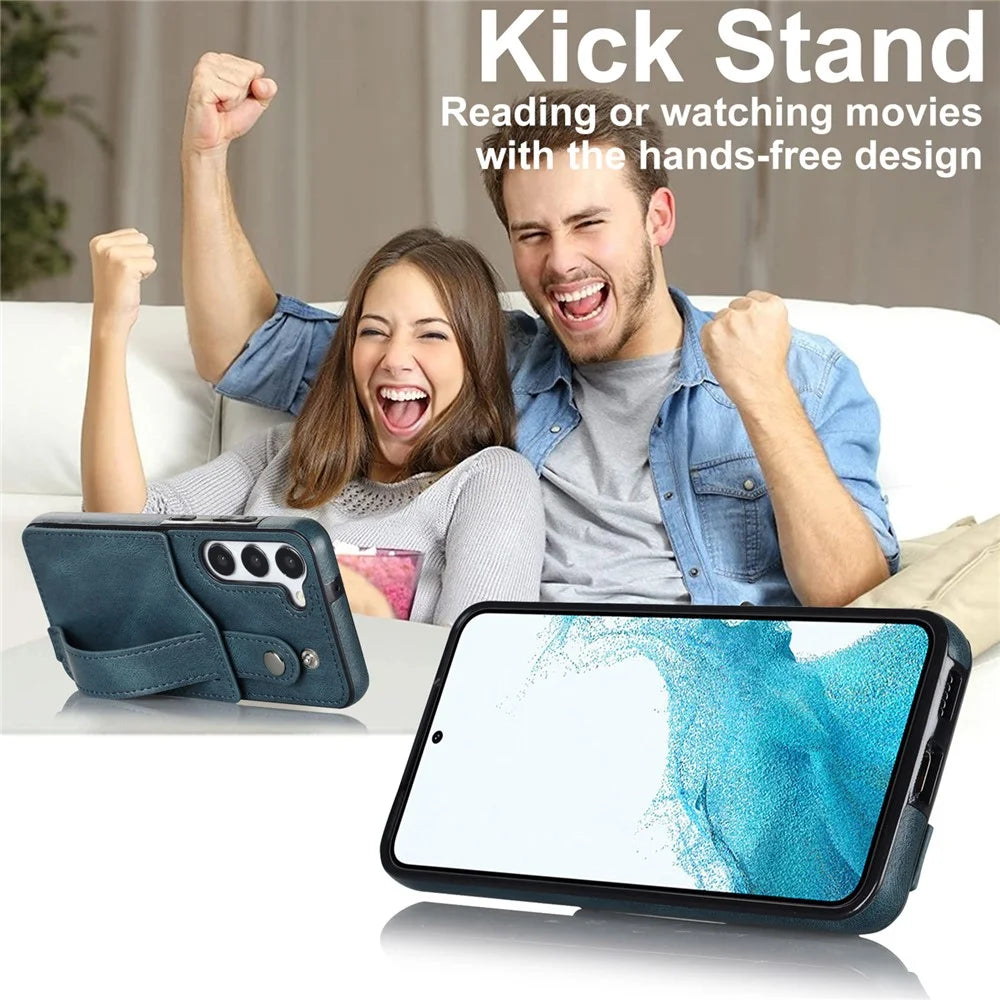 For Samsung Galaxy S24+ Case Retro PU Leather Coated TPU Wristband Kickstand Phone Shell - Blue - 6