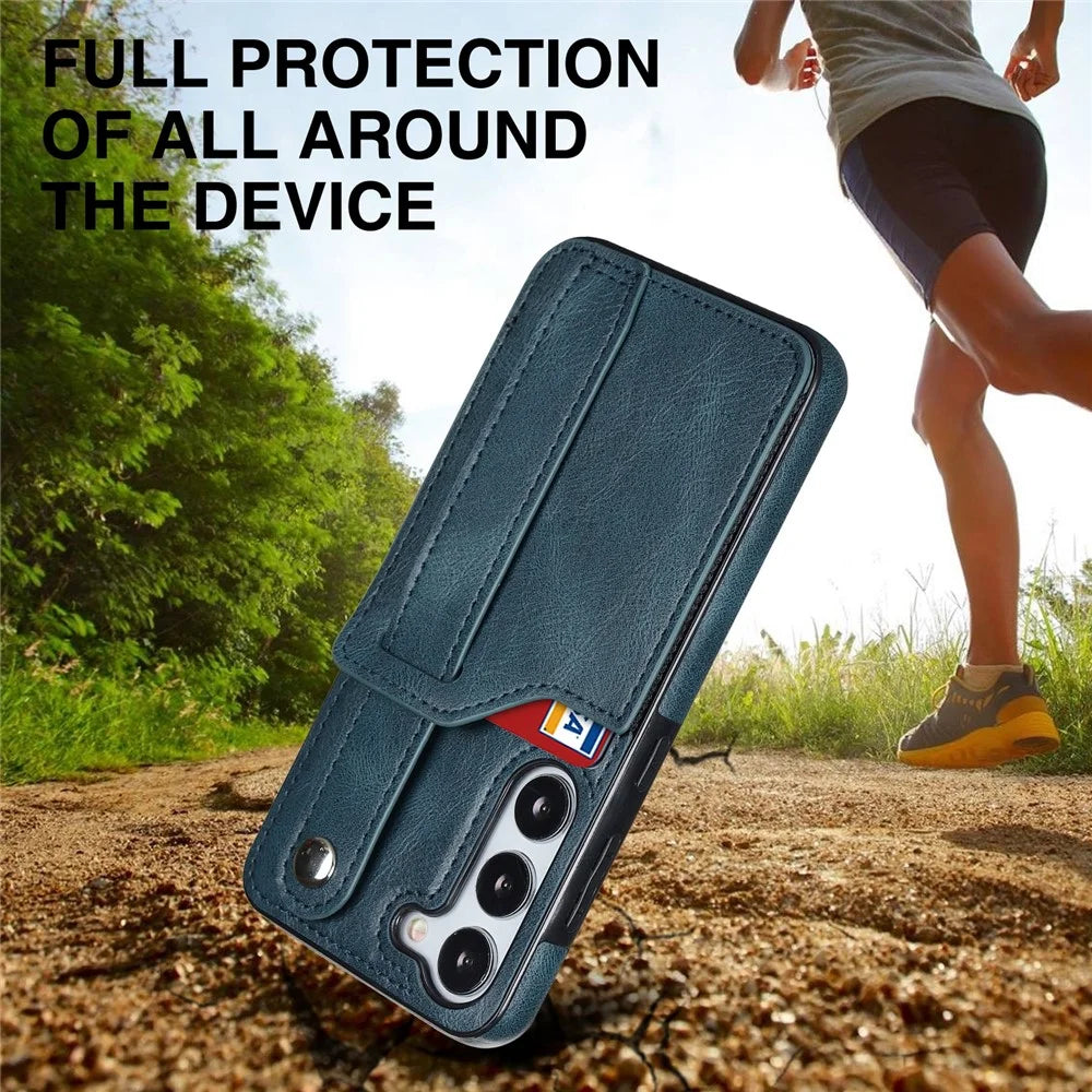 For Samsung Galaxy S24+ Case Retro PU Leather Coated TPU Wristband Kickstand Phone Shell - Blue - 7