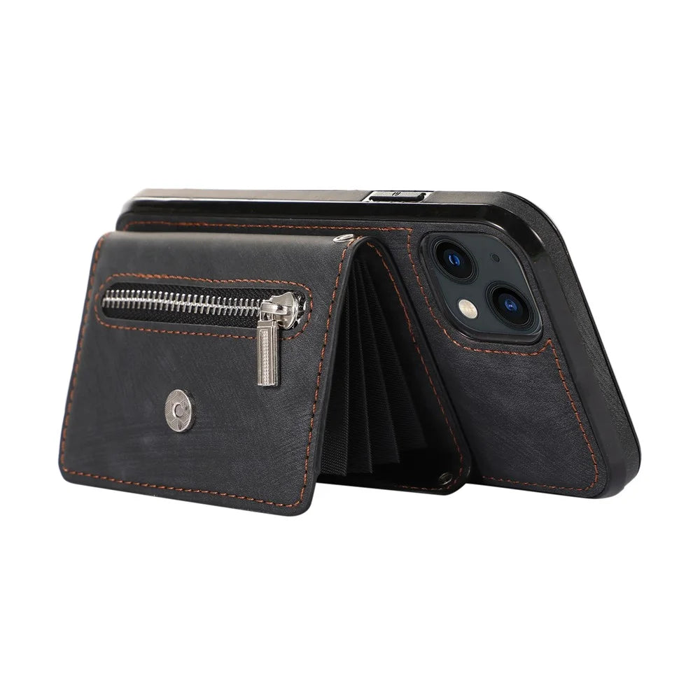 For iPhone 14 Case Zipper Pocket Card Holder RFID Blocking PU Leather + TPU Phone Cover with 2 Straps - Black - 3