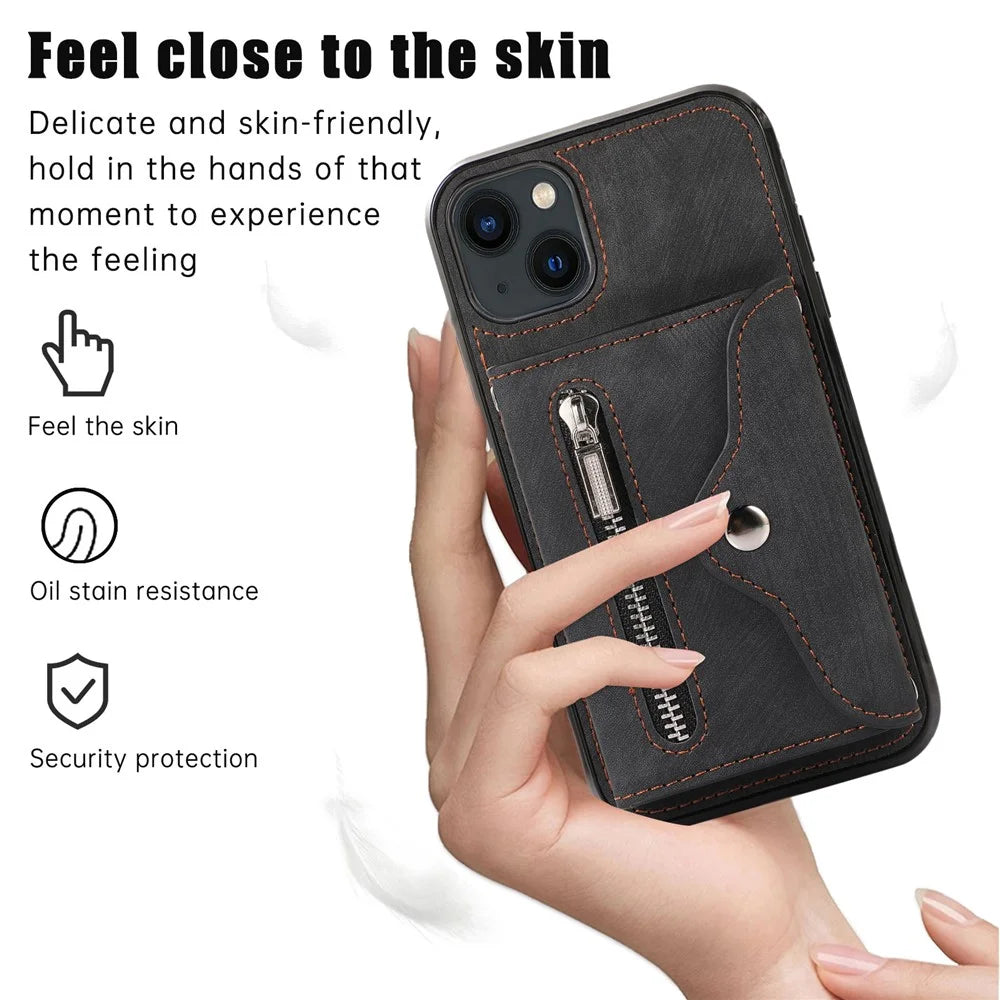 For iPhone 14 Case Zipper Pocket Card Holder RFID Blocking PU Leather + TPU Phone Cover with 2 Straps - Black - 4