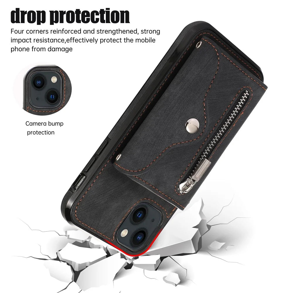 For iPhone 14 Case Zipper Pocket Card Holder RFID Blocking PU Leather + TPU Phone Cover with 2 Straps - Black - 5