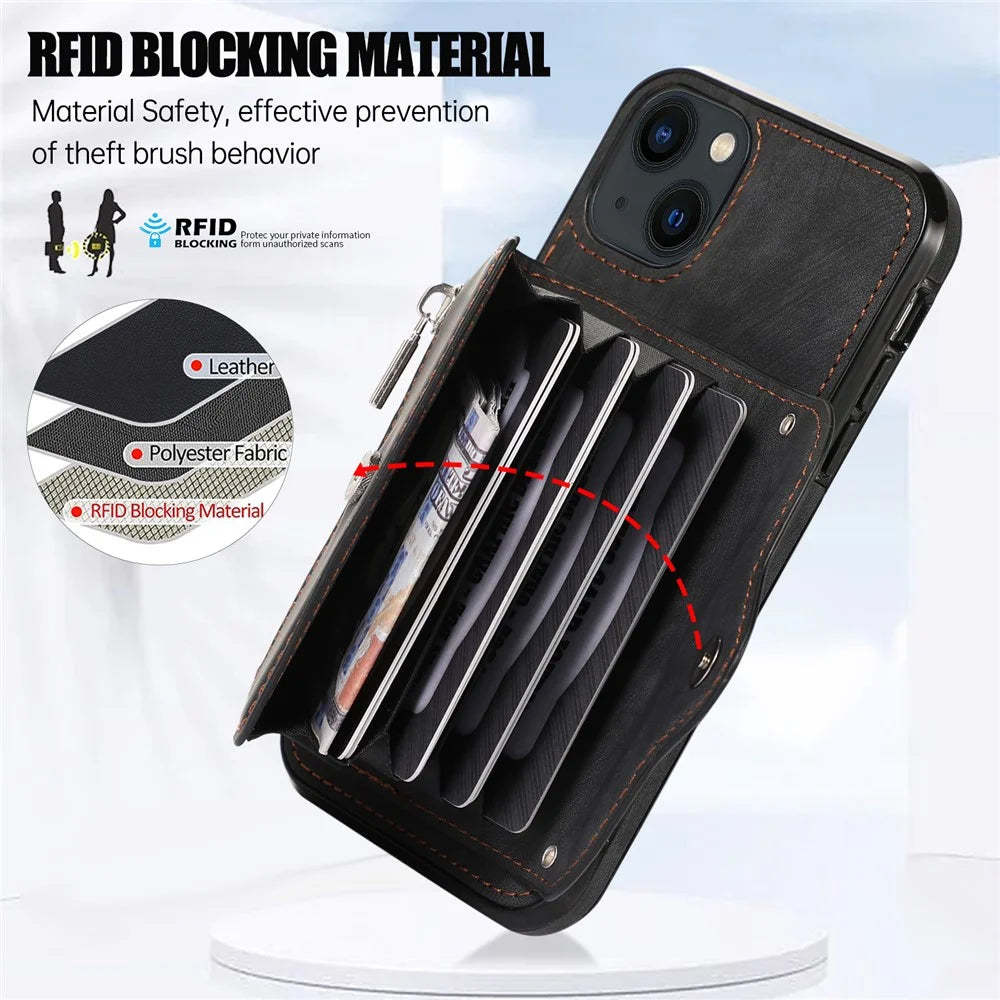For iPhone 14 Case Zipper Pocket Card Holder RFID Blocking PU Leather + TPU Phone Cover with 2 Straps - Black - 7