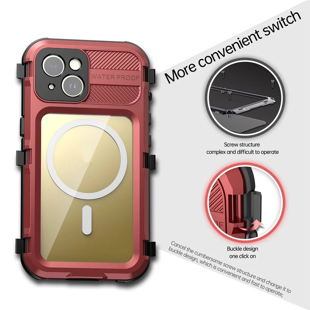 SHELLBOX M Series Metal IP68 Diving Case for iPhone 15 Waterproof Case Compatible with MagSafe - Red - 6