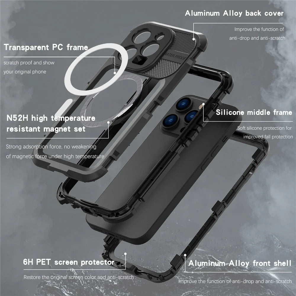 SHELLBOX M Series Metal IP68 Waterproof Case for iPhone 14 Pro Diving Phone Case Compatible with MagSafe - Black - 7