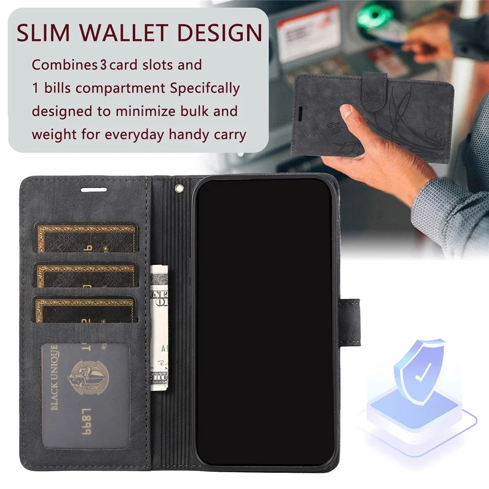 For Samsung Galaxy A73 5G Case Wallet Leather Cover Orchid Butterfly Pattern - Black - 4
