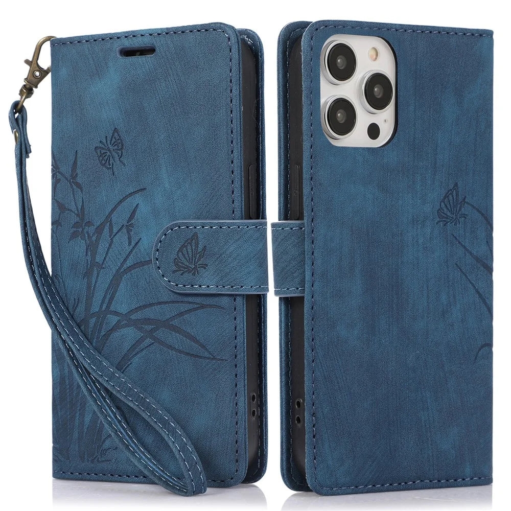 For iPhone 15 Pro Max Leather Case Orchid Butterfly Flip Wallet Phone Cover - Blue - 1