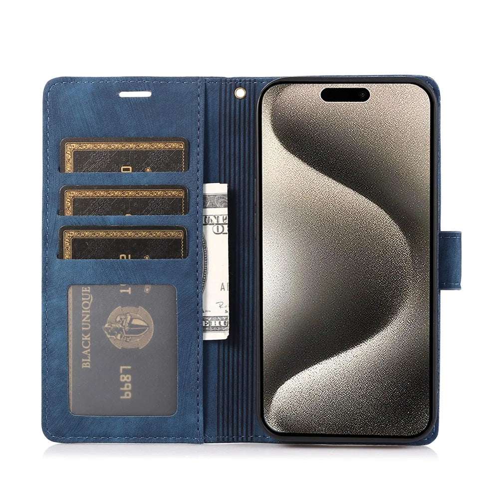 For iPhone 15 Pro Max Leather Case Orchid Butterfly Flip Wallet Phone Cover - Blue - 3