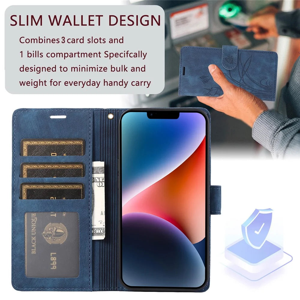For iPhone 15 Pro Max Leather Case Orchid Butterfly Flip Wallet Phone Cover - Blue - 4
