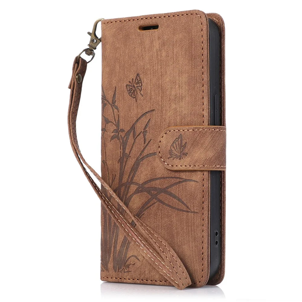 PU Leather Flip Case for iPhone 14 Pro Phone Wallet Cover Butterfly Orchid - Brown - 5