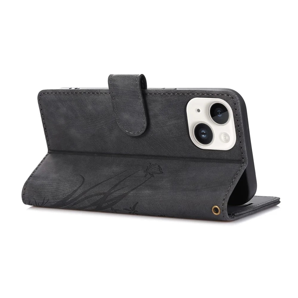 For iPhone 15 Plus Case Leather Flip Wallet Cover with Strap Orchid Butterfly - Black - 3