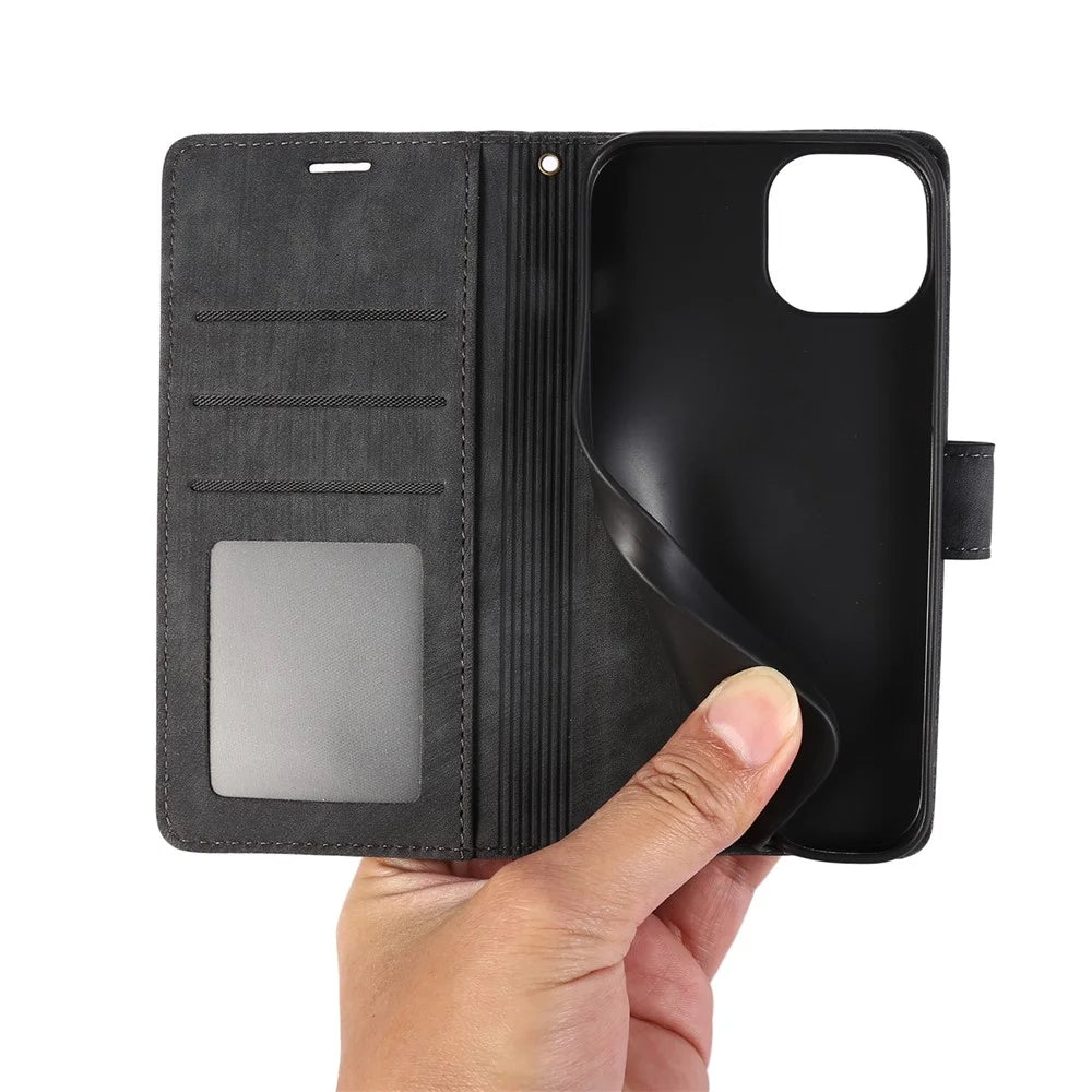 For iPhone 15 Plus Case Leather Flip Wallet Cover with Strap Orchid Butterfly - Black - 4